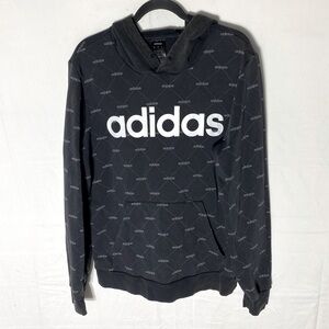 Adidas Washed Black White Logo All Over Logo Print Pullover Hoodie M